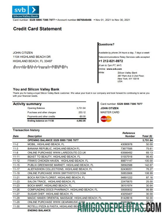 Modelo de extrato de cartão de crédito do Banco do Vale do Silício dos EUA para download em formato Excel e PDF